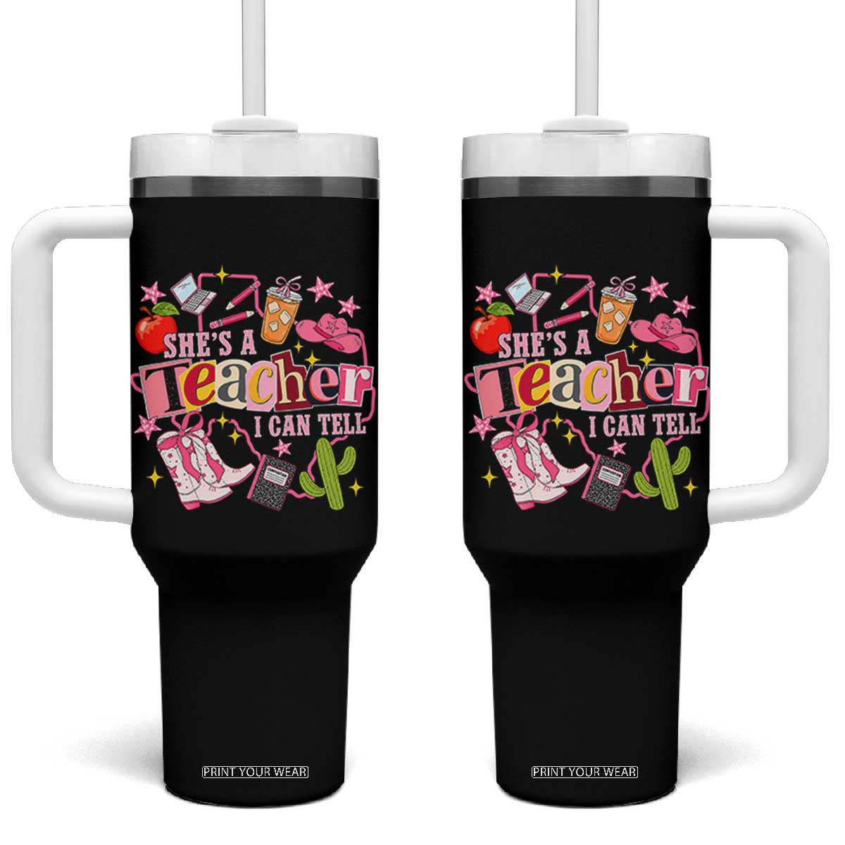 She is a Teacher I Can Tell School Aesthetic Tumbler With Handle Retro Groovy Western Cowgirl Texas