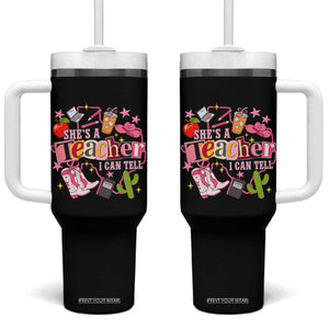 She is a Teacher I Can Tell School Aesthetic Tumbler With Handle Retro Groovy Western Cowgirl Texas