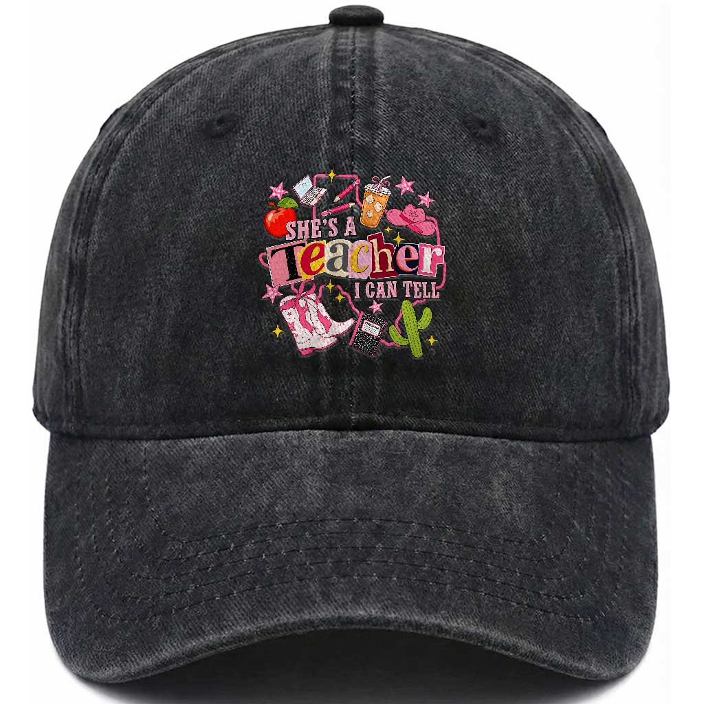 She is a Teacher I Can Tell School Aesthetic Washed Cotton Baseball Cap Retro Groovy Western Cowgirl Texas TS02 Print Your Wear