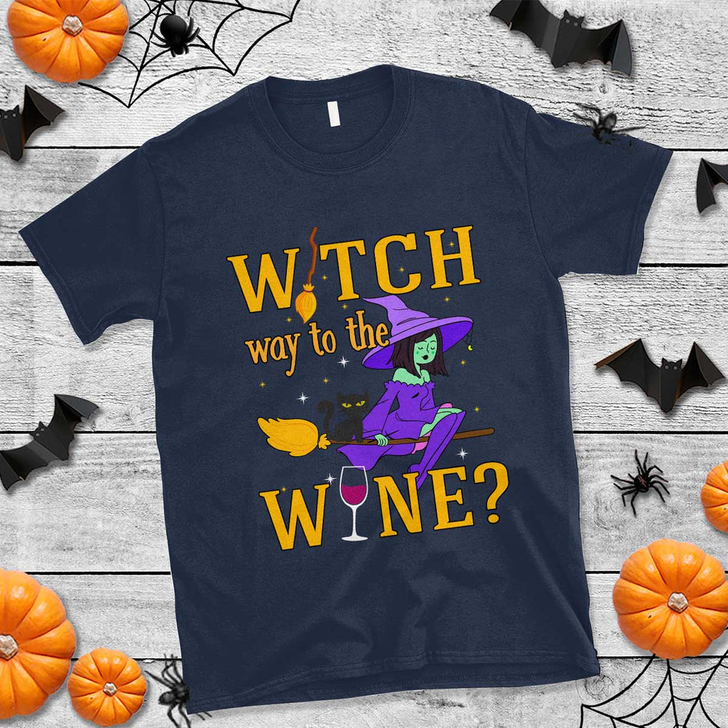 Halloween Witch T Shirt Witch Way To The Wine Halloween Drinking for Wiccan Witches TS02 Navy Print Your Wear