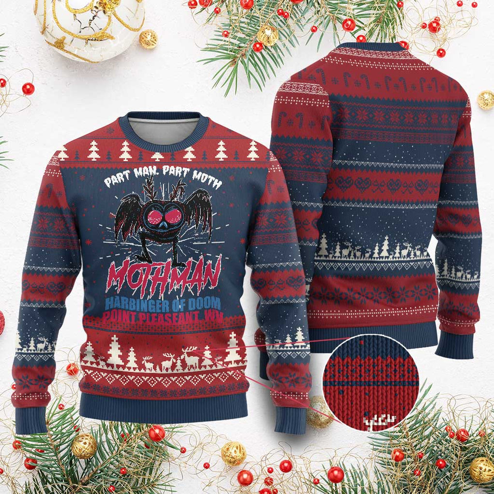 Funny Mothman Ugly Christmas Sweater Part Man Part Moth Harbinger Of Doom Point Pleasent WV TS02 Burgundy Print Your Wear