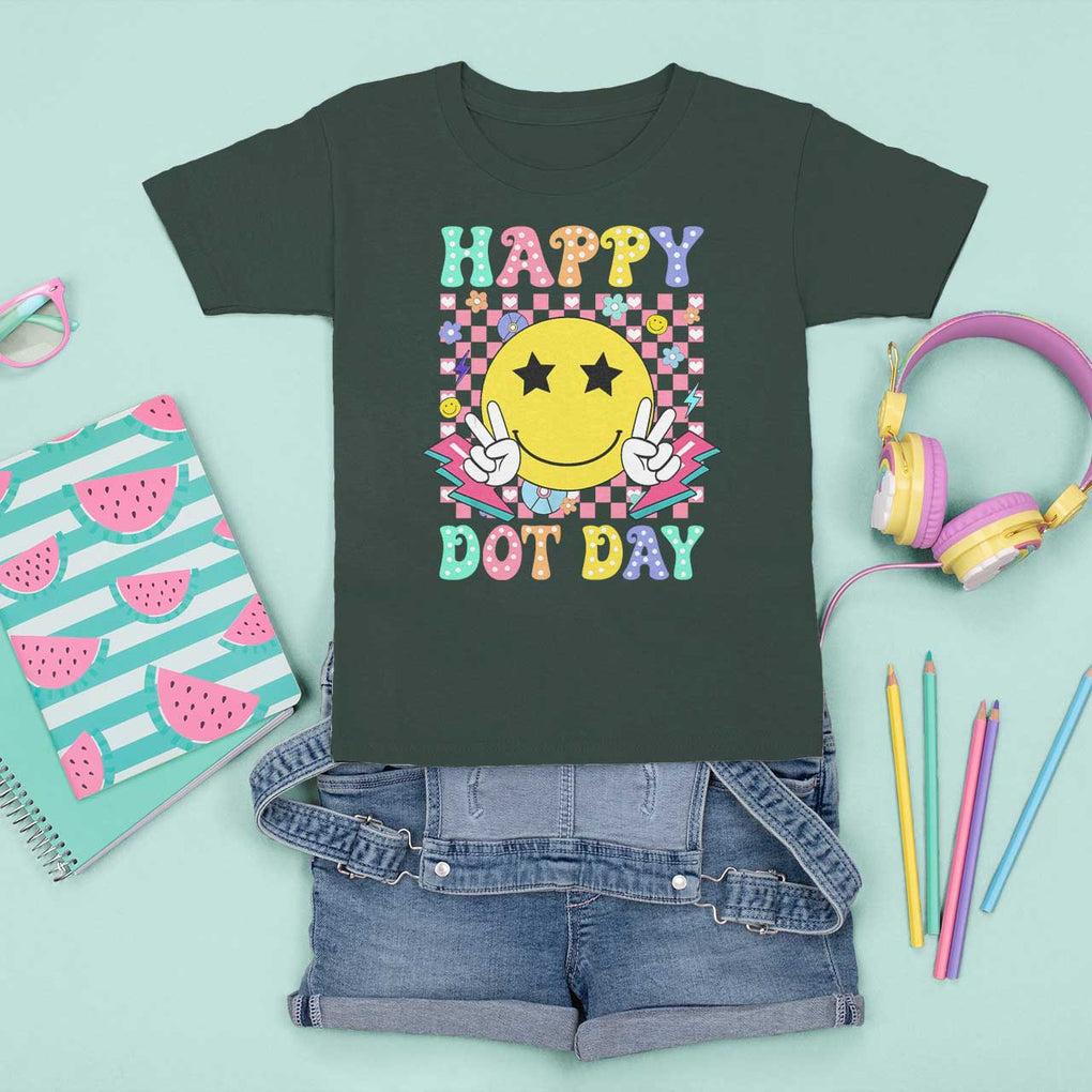 Happy Dot Day T Shirt For Kid Cute Smile Face Retro Groovy TS02 Dark Forest Green Print Your Wear