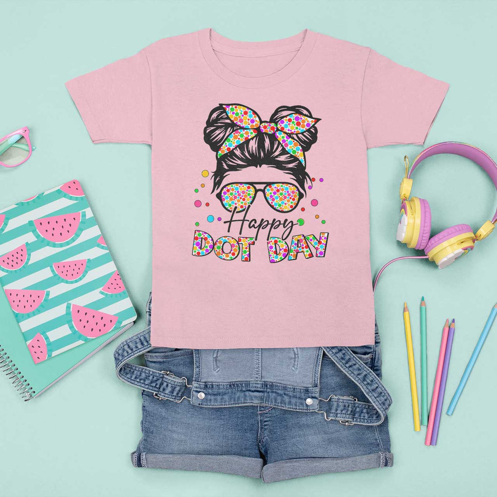 Happy Dot Day Messy Bun Girl T Shirt For Kid Colorful Polka Dots TS02 Light Pink Print Your Wear
