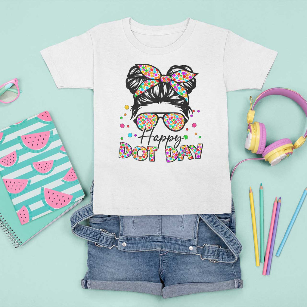 Happy Dot Day Messy Bun Girl T Shirt For Kid Colorful Polka Dots TS02 White Print Your Wear