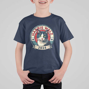 Harris Walz 2024 T Shirt For Kid Funny Cat Election Kamala Harris Tim Waltz TS02 Navy Print Your Wear