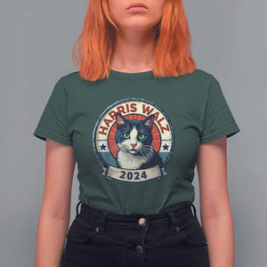 Harris Walz 2024 T Shirt For Women Funny Cat Election Kamala Harris Tim Waltz TS02 Dark Forest Green Print Your Wear