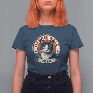 Harris Walz 2024 T Shirt For Women Funny Cat Election Kamala Harris Tim Waltz TS02 Navy Print Your Wear