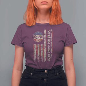 Harris Walz 2024 T Shirt For Women We're Not Going Back Election Kamala Tim Retro American Flag TS02 Maroon Print Your Wear