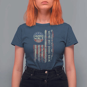 Harris Walz 2024 T Shirt For Women We're Not Going Back Election Kamala Tim Retro American Flag TS02 Navy Print Your Wear