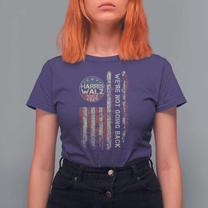 Harris Walz 2024 T Shirt For Women We're Not Going Back Election Kamala Tim Retro American Flag TS02 Purple Print Your Wear