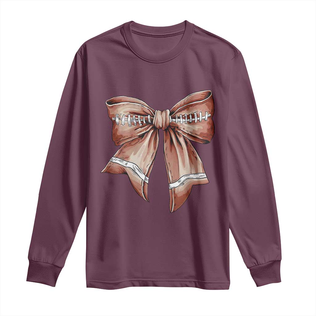 Coquette Bow Pumpkin American Football Long Sleeve Shirt Retro Thanksgiving Autumn Vibe TS02 Maroon Print Your Wear
