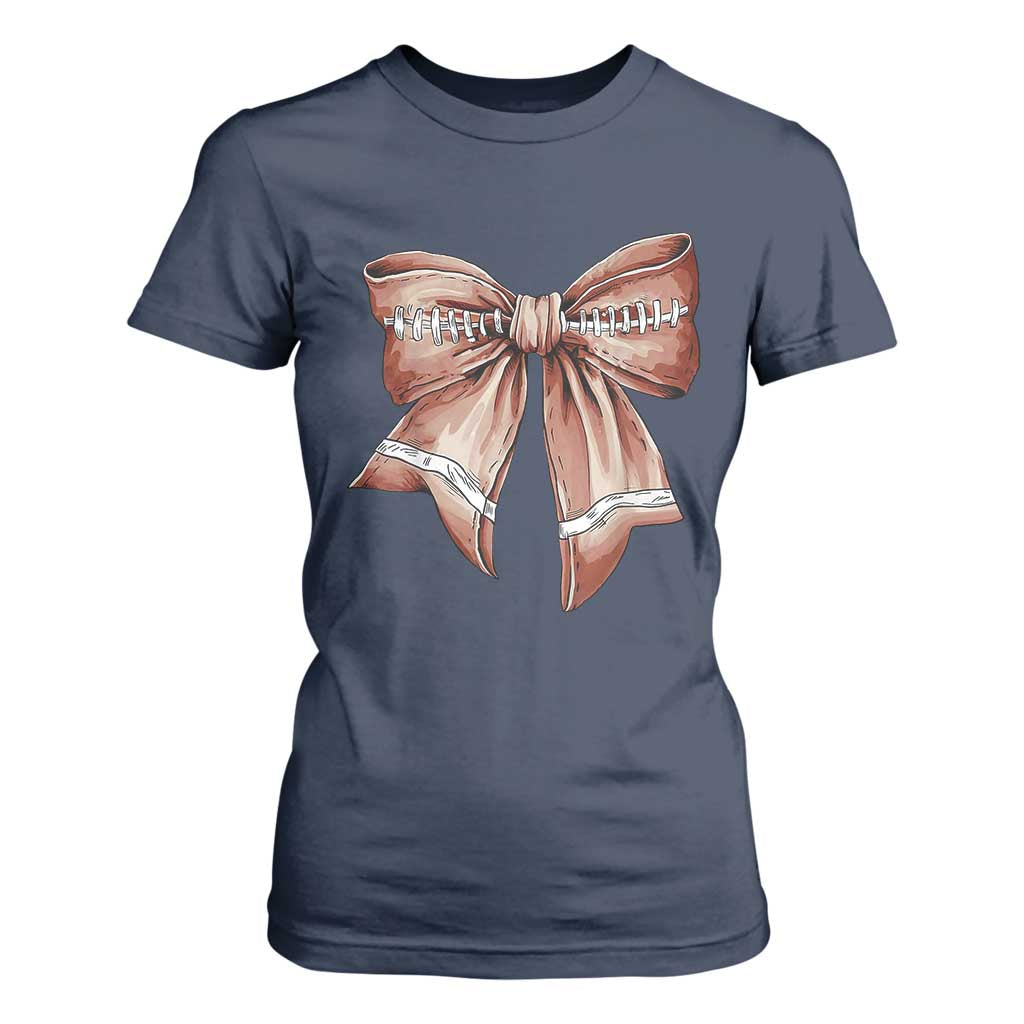 Coquette Bow Pumpkin American Football T Shirt For Women Retro Thanksgiving Autumn Vibe TS02 Navy Print Your Wear