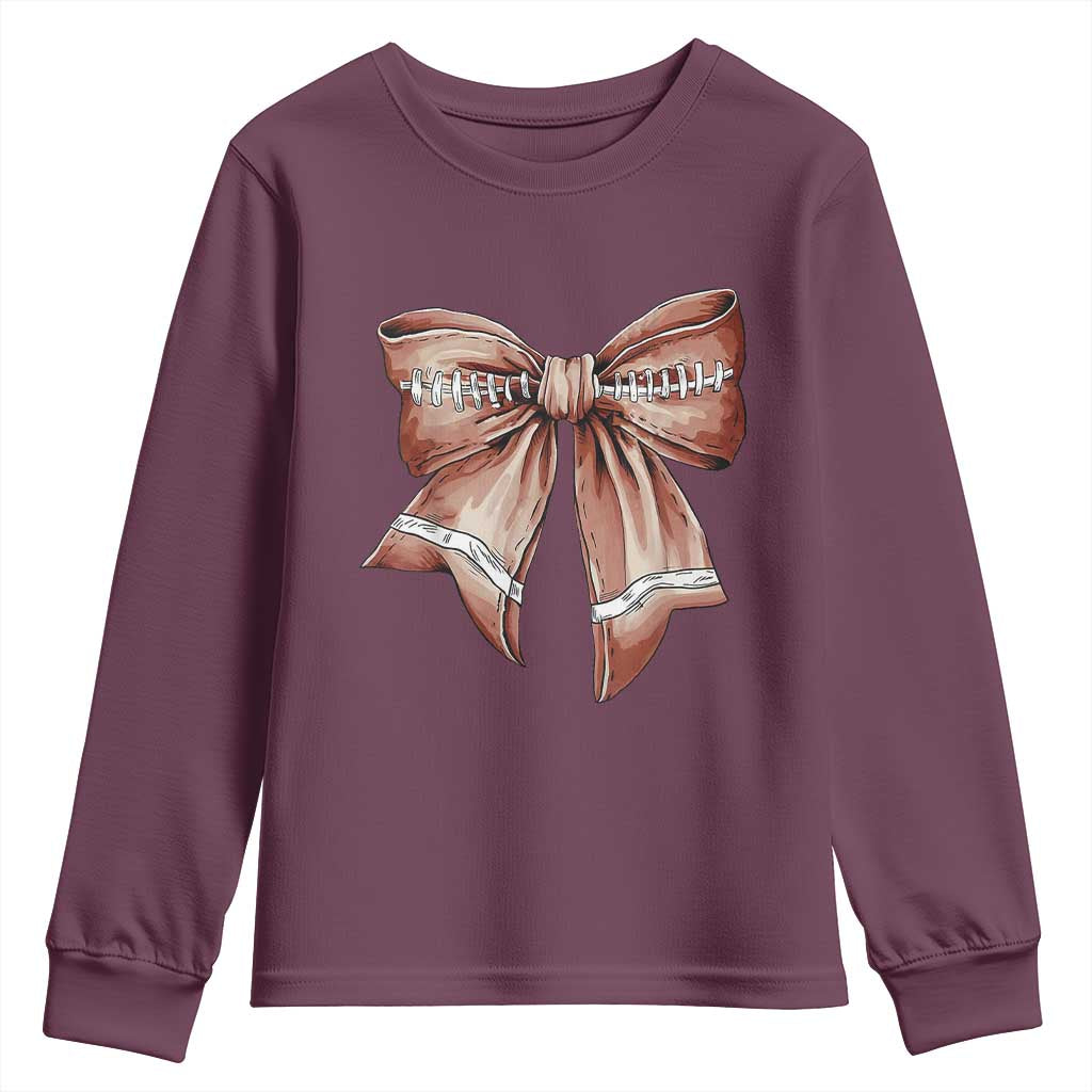 Coquette Bow Pumpkin American Football Youth Sweatshirt Retro Thanksgiving Autumn Vibe TS02 Maroon Print Your Wear