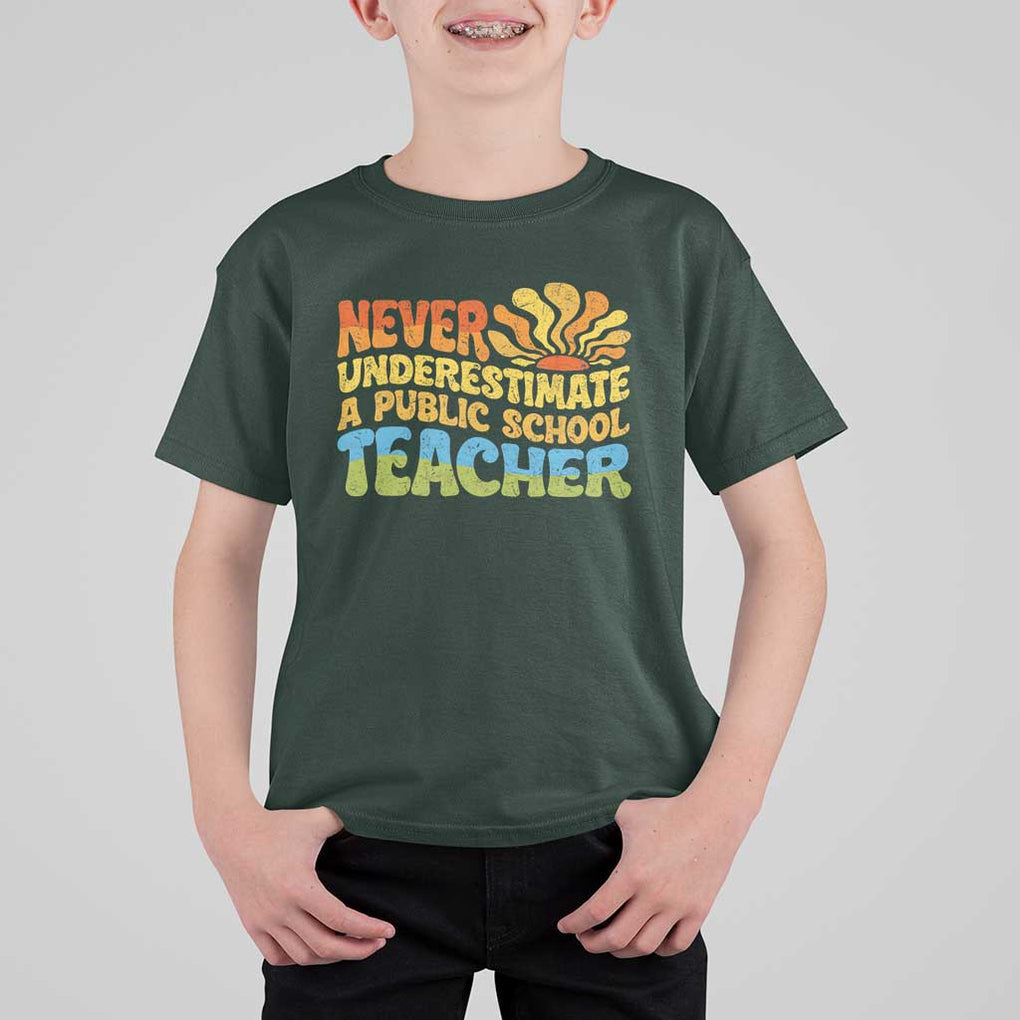 Never Underestimate A Public School Teacher T Shirt For Kid Tim Walz 2024 Saying Public Education TS02 Dark Forest Green Print Your Wear