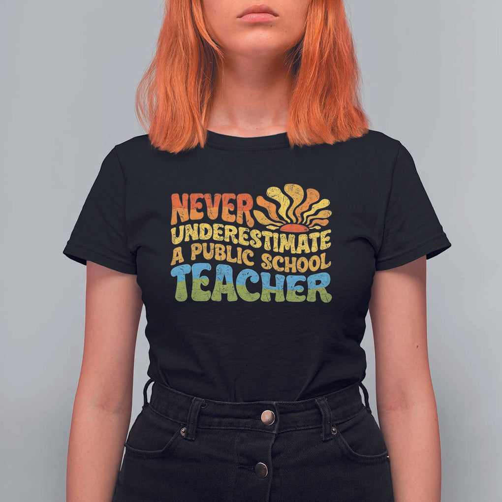 Never Underestimate A Public School Teacher T Shirt For Women Tim Walz 2024 Saying Public Education TS02 Black Print Your Wear