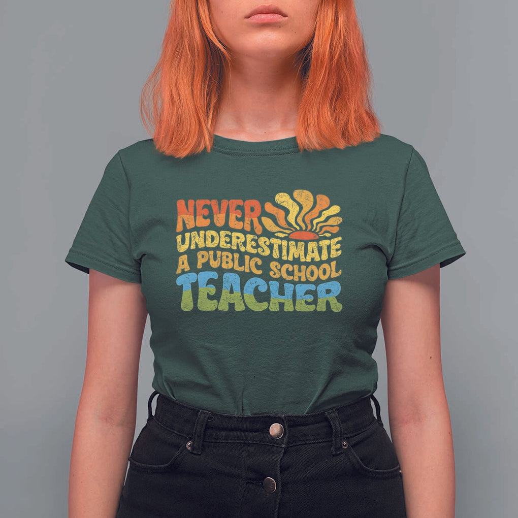 Never Underestimate A Public School Teacher T Shirt For Women Tim Walz 2024 Saying Public Education TS02 Dark Forest Green Print Your Wear