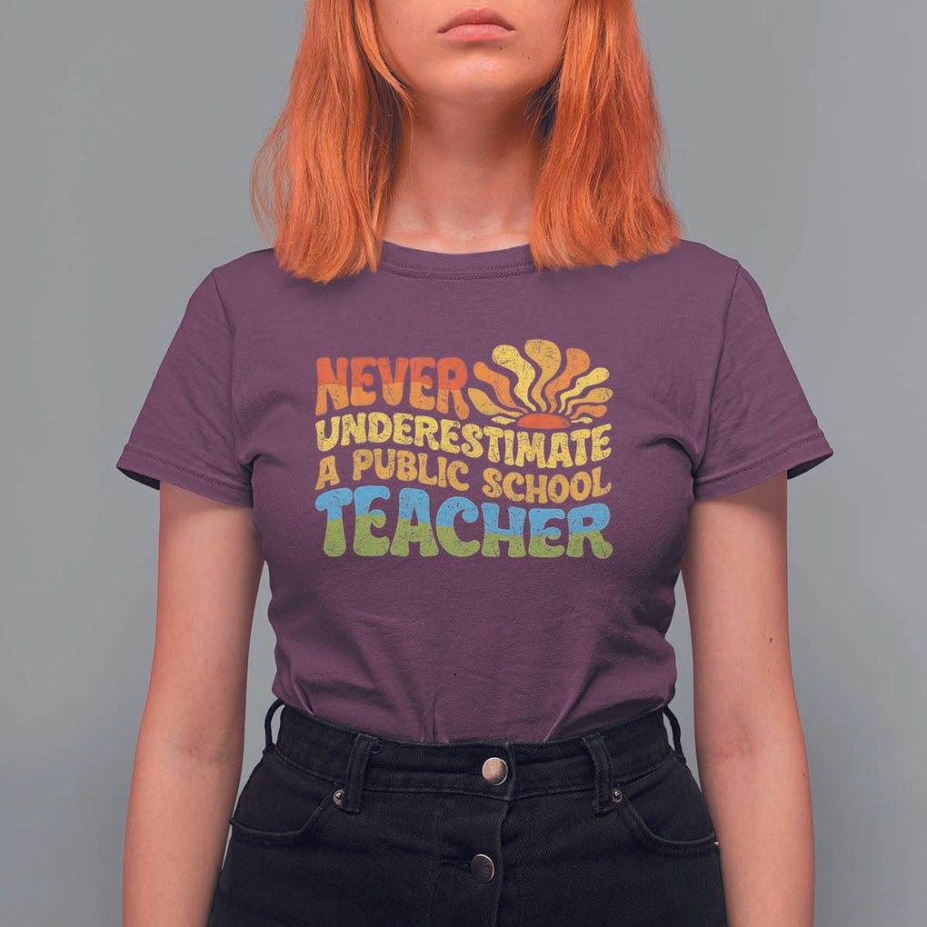 Never Underestimate A Public School Teacher T Shirt For Women Tim Walz 2024 Saying Public Education TS02 Maroon Print Your Wear