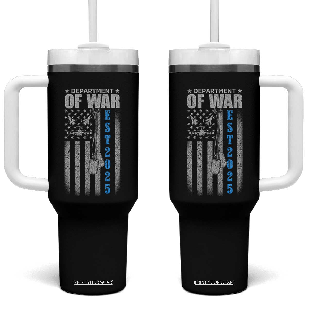 Department of War Est 2025 Tumbler With Handle Military Patriotic Dog Tags American Flag TS02 One Size: 40 oz Black Print Your Wear