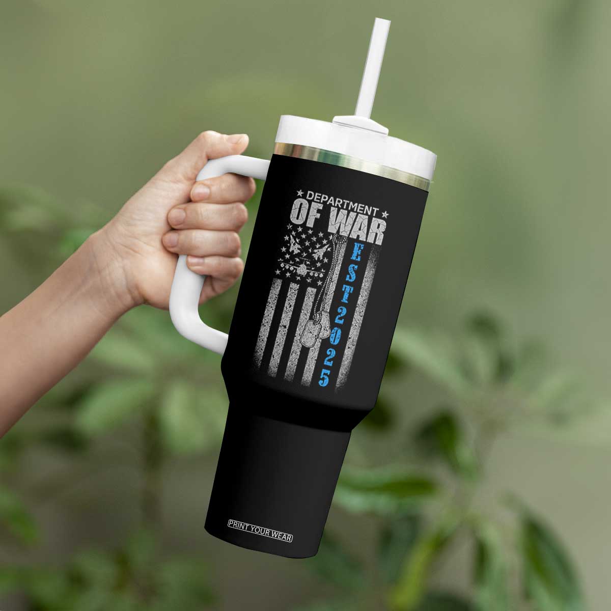 Department of War Est 2025 Tumbler With Handle Military Patriotic Dog Tags American Flag TS02 Print Your Wear