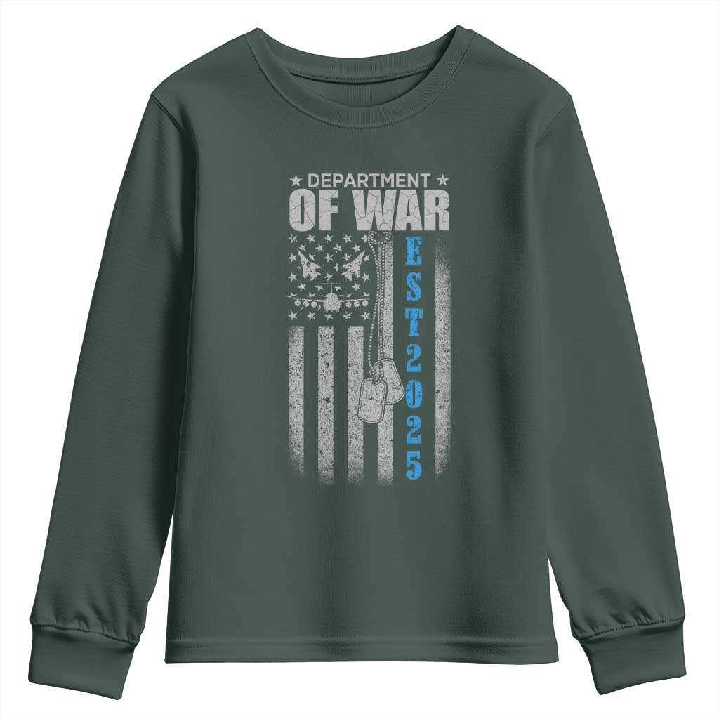 Department of War Est 2025 Youth Sweatshirt Military Patriotic Dog Tags American Flag TS02 Dark Forest Green Print Your Wear