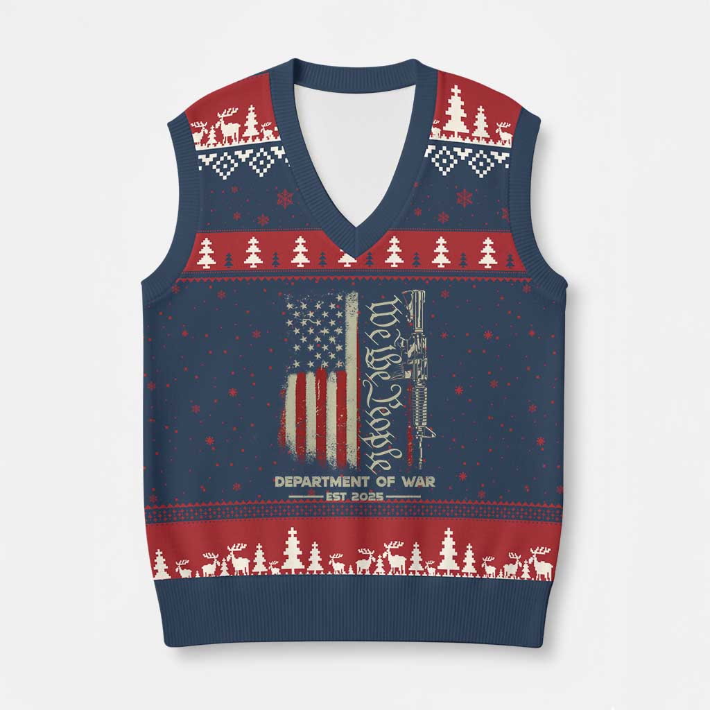 Department of War Est 2025 V-Neck Knit Sweater Vest We The People Rifle American Flag Patriotic 2A Statement TS02 Navy Red Print Your Wear