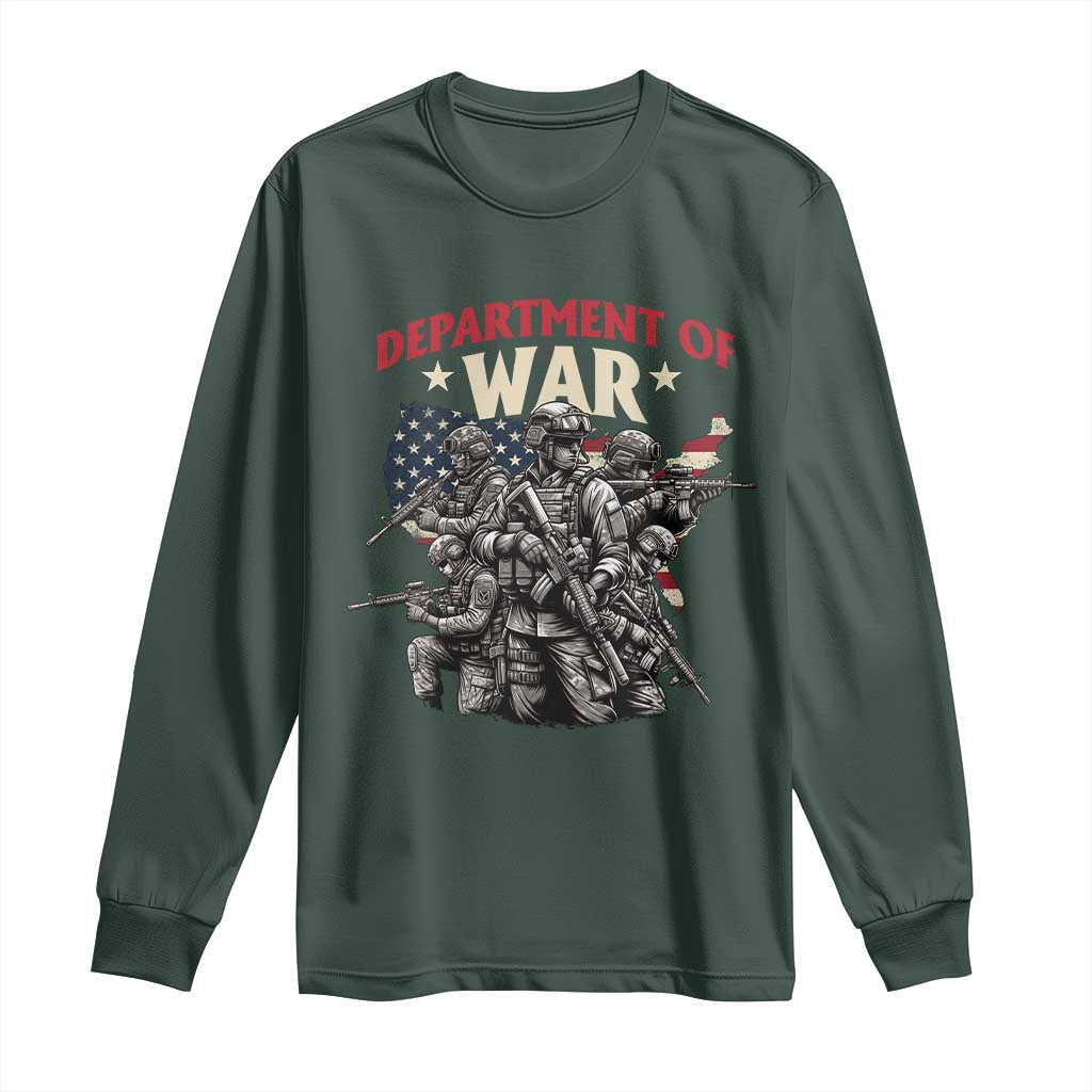 Department of War Est 2025 Long Sleeve Shirt Patriotic Combat Squad Tactical Soldiers Graphic TS02 Dark Forest Green Print Your Wear