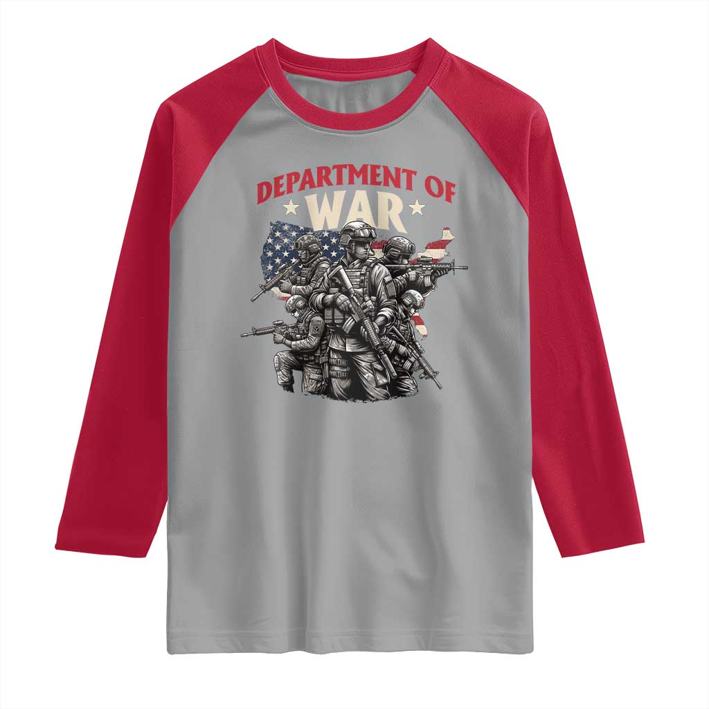 Department of War Est 2025 Raglan Shirt Patriotic Combat Squad Tactical Soldiers Graphic TS02 Sport Gray Red Print Your Wear