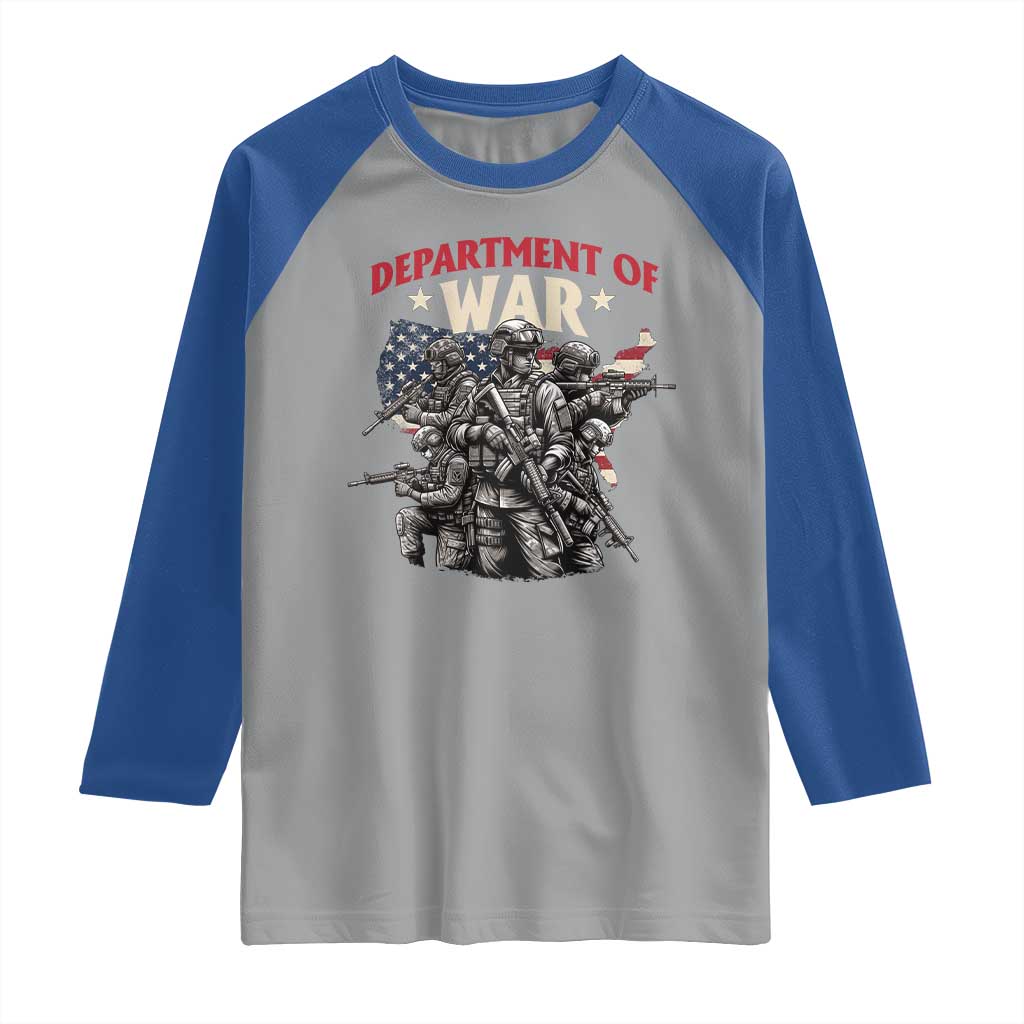 Department of War Est 2025 Raglan Shirt Patriotic Combat Squad Tactical Soldiers Graphic TS02 Sport Gray Royal Print Your Wear