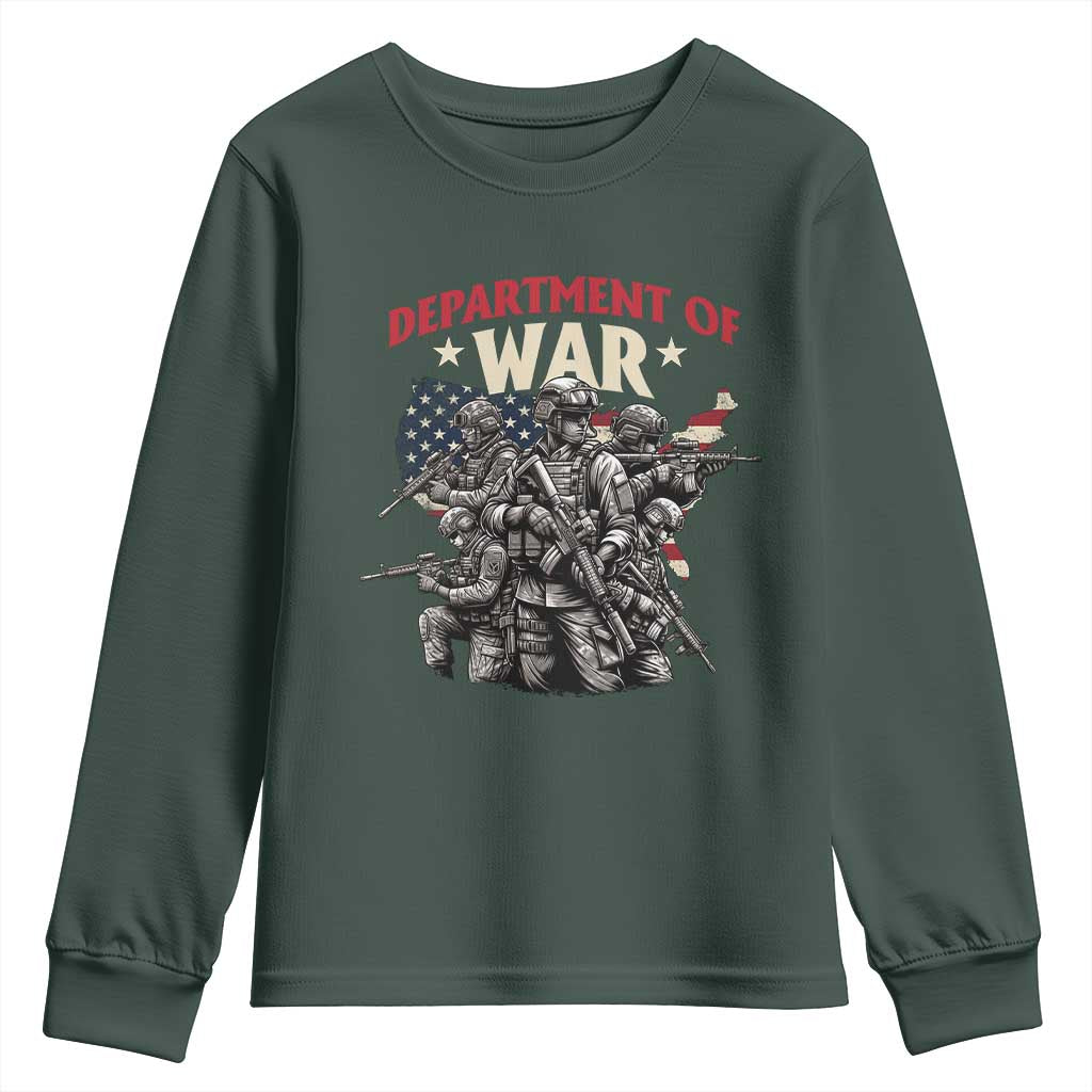 Department of War Est 2025 Youth Sweatshirt Patriotic Combat Squad Tactical Soldiers Graphic TS02 Dark Forest Green Print Your Wear