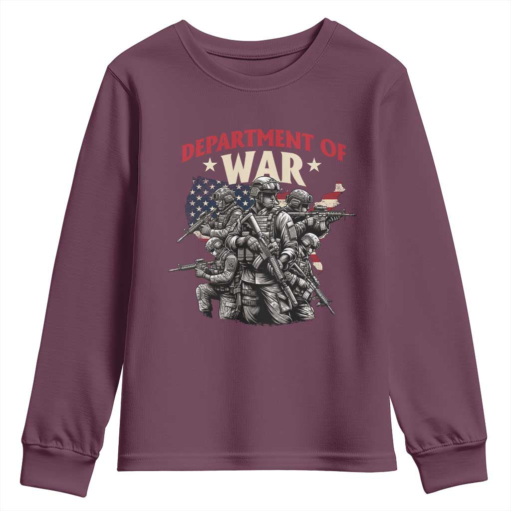 Department of War Est 2025 Youth Sweatshirt Patriotic Combat Squad Tactical Soldiers Graphic TS02 Maroon Print Your Wear