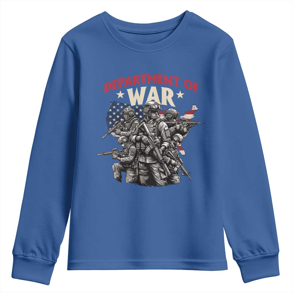 Department of War Est 2025 Youth Sweatshirt Patriotic Combat Squad Tactical Soldiers Graphic TS02 Royal Blue Print Your Wear