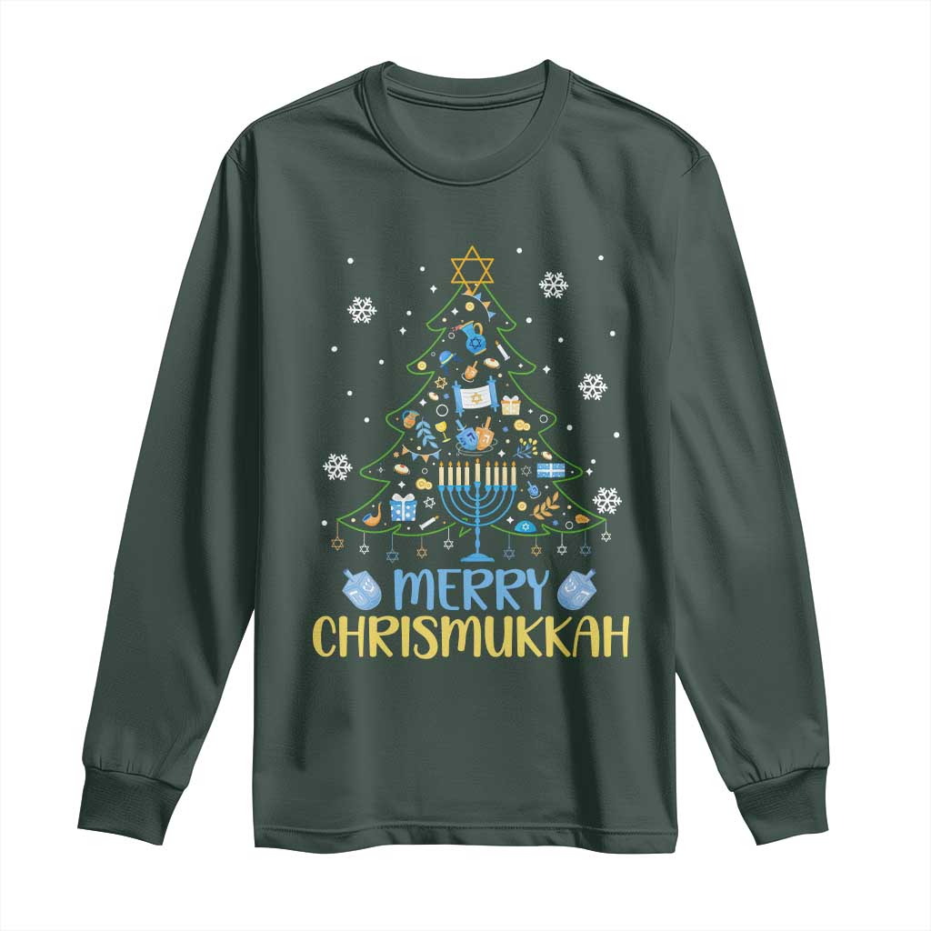 Christmas Hanukkah Long Sleeve Shirt Merry Christmukkah Jewish Christmas Tree Chanukah TS02 Dark Forest Green Print Your Wear