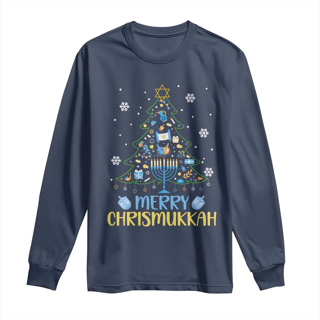 Christmas Hanukkah Long Sleeve Shirt Merry Christmukkah Jewish Christmas Tree Chanukah TS02 Navy Print Your Wear