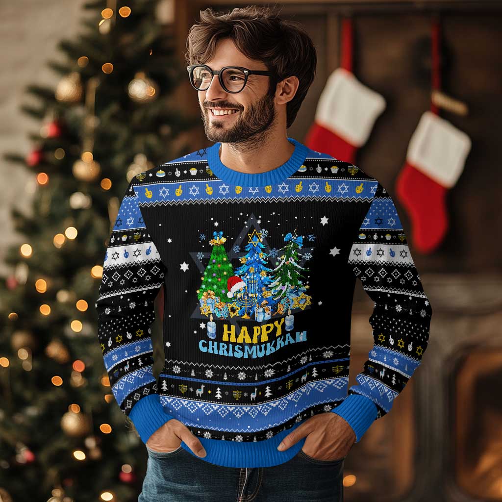 Merry Chrismukkah Hanukkah Ugly Sweater Jewish Christmas Trees Chanukah TS02 Black Blue Print Your Wear