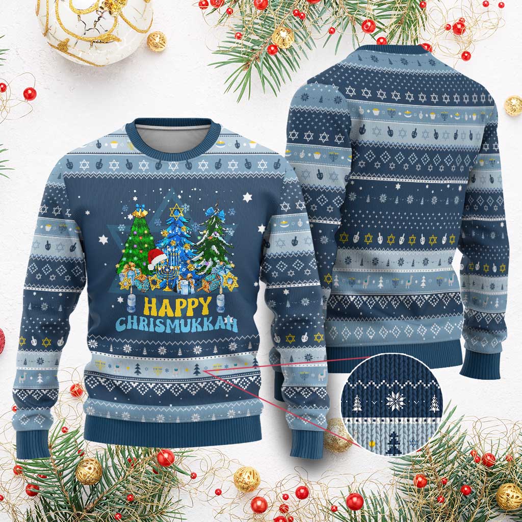 Merry Chrismukkah Hanukkah Ugly Sweater Jewish Christmas Trees Chanukah TS02 Navy Light Blue Print Your Wear