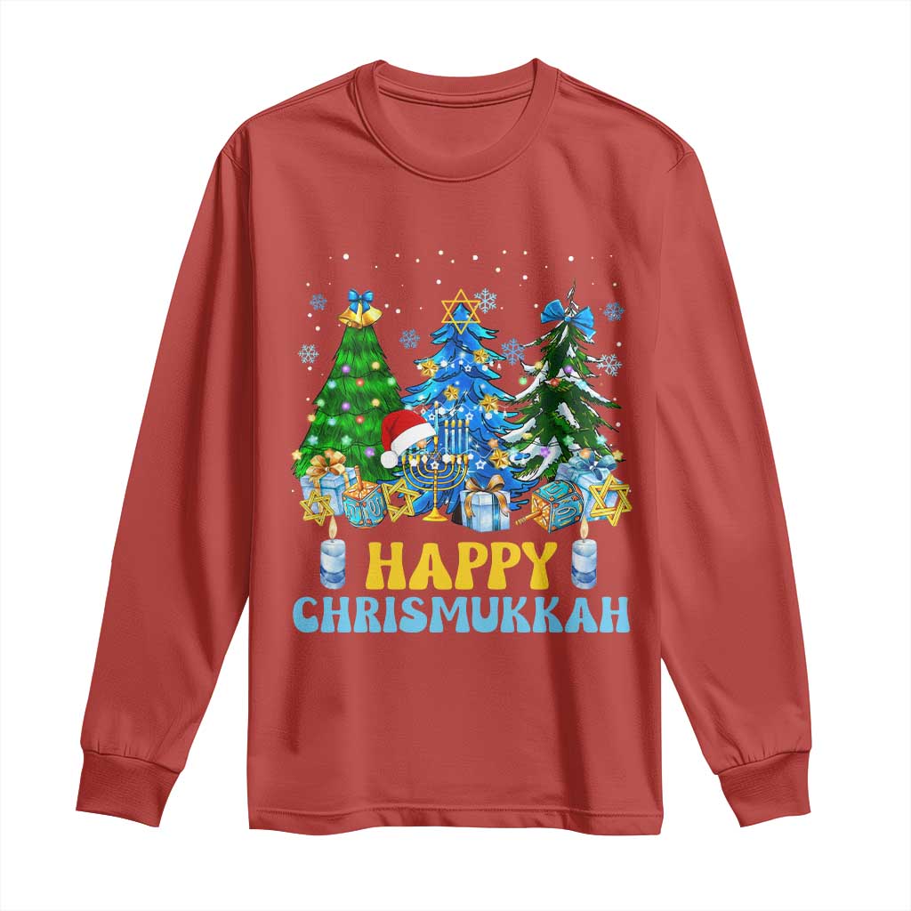 Christmas Hanukkah Long Sleeve Shirt Merry Christmukkah Jewish Christmas Trees Chanukah TS02 Red Print Your Wear