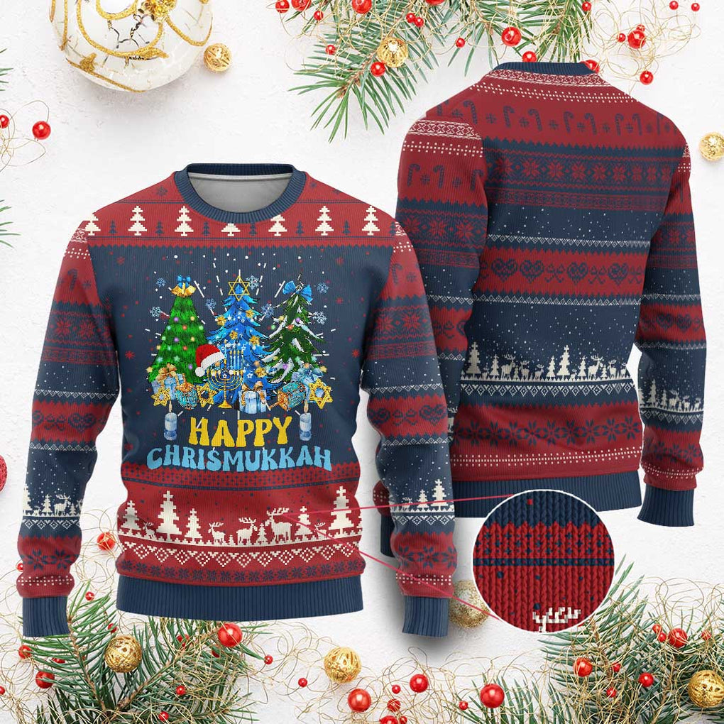 Christmas Hanukkah Ugly Christmas Sweater Merry Christmukkah Jewish Christmas Trees Chanukah TS02 Burgundy Print Your Wear