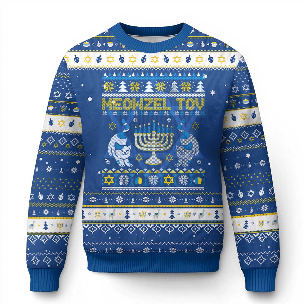 Funny Cat Hanukkah Ugly Sweater Meowzel Tov Chanukah Jewish TS02 Blue White Print Your Wear
