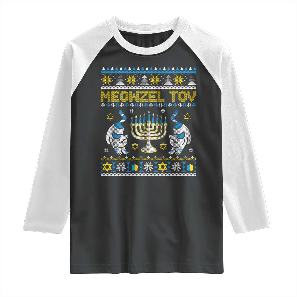 Funny Hanukkah Cat Raglan Shirt Meowzel Tov Chanukah Jewish Ugly Sweater Hanukkah TS02 Black White Print Your Wear