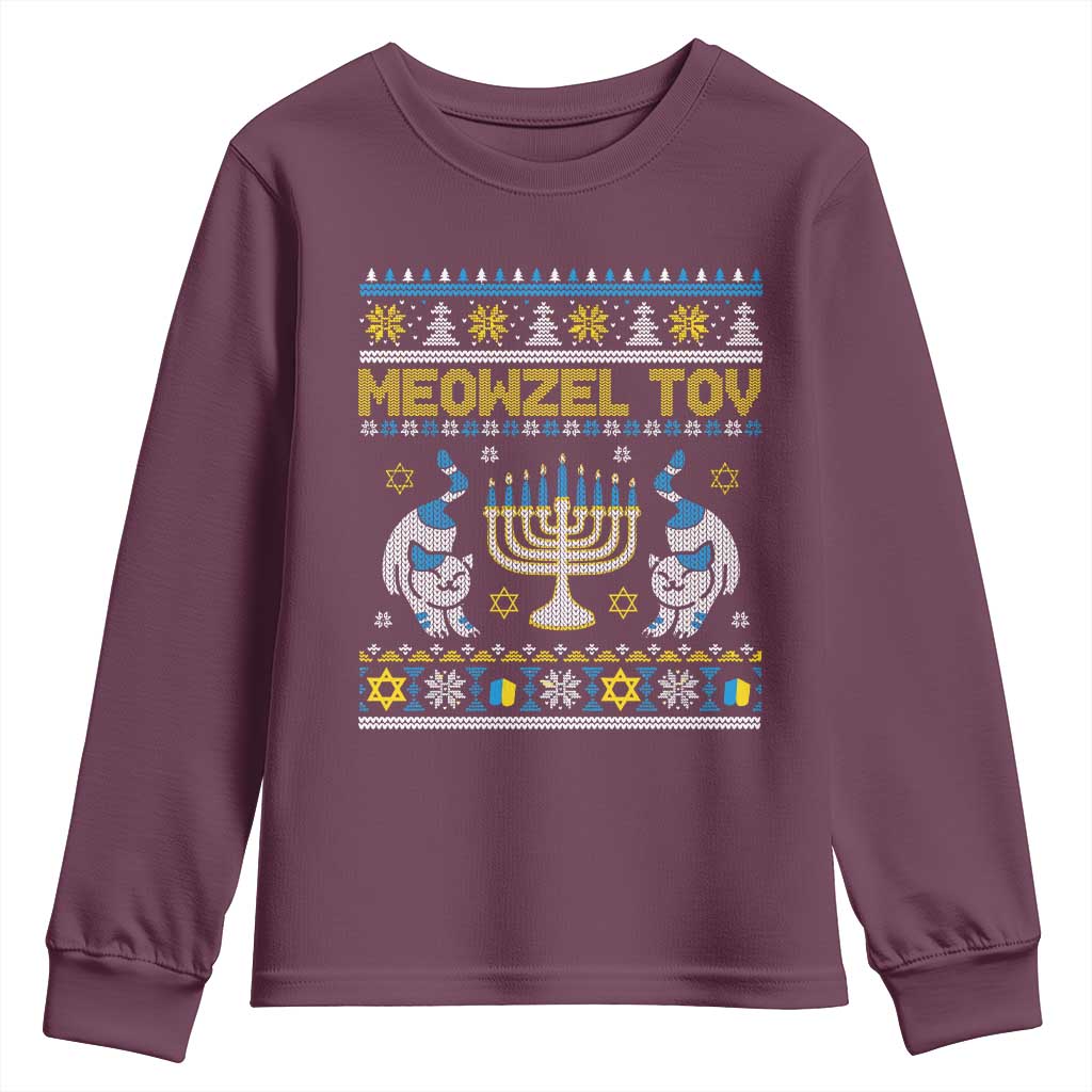 Funny Hanukkah Cat Youth Sweatshirt Meowzel Tov Chanukah Jewish Ugly Sweater Hanukkah TS02 Maroon Print Your Wear
