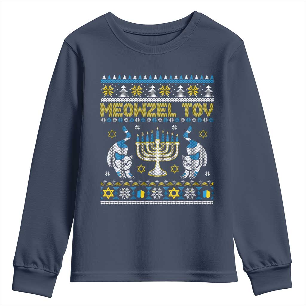 Funny Hanukkah Cat Youth Sweatshirt Meowzel Tov Chanukah Jewish Ugly Sweater Hanukkah TS02 Navy Print Your Wear