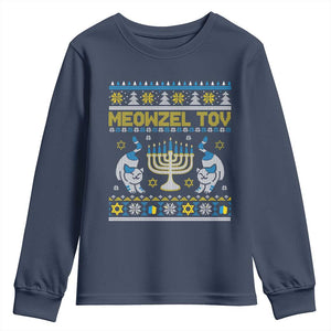 Funny Hanukkah Cat Youth Sweatshirt Meowzel Tov Chanukah Jewish Ugly Sweater Hanukkah TS02 Navy Print Your Wear