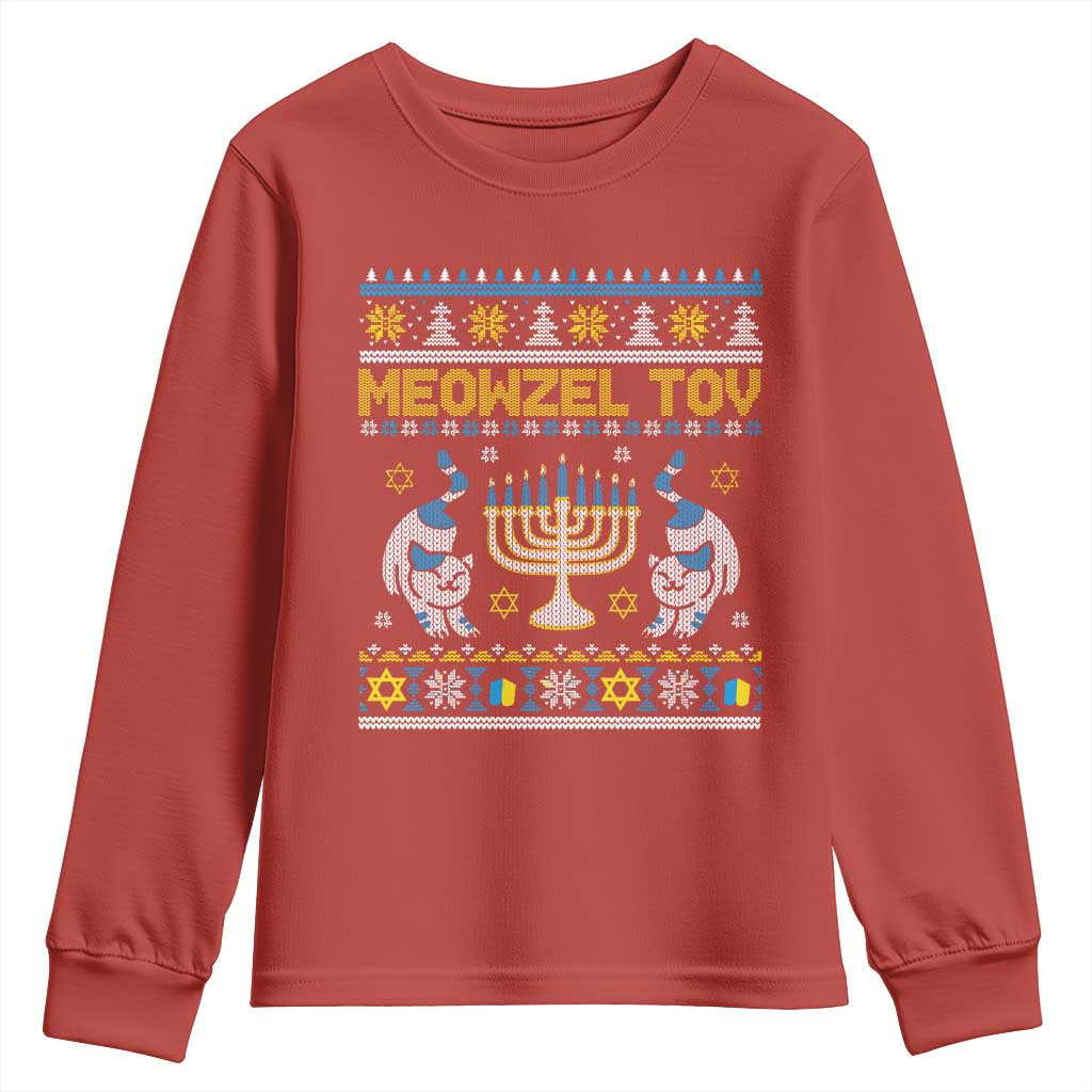Funny Hanukkah Cat Youth Sweatshirt Meowzel Tov Chanukah Jewish Ugly Sweater Hanukkah TS02 Red Print Your Wear
