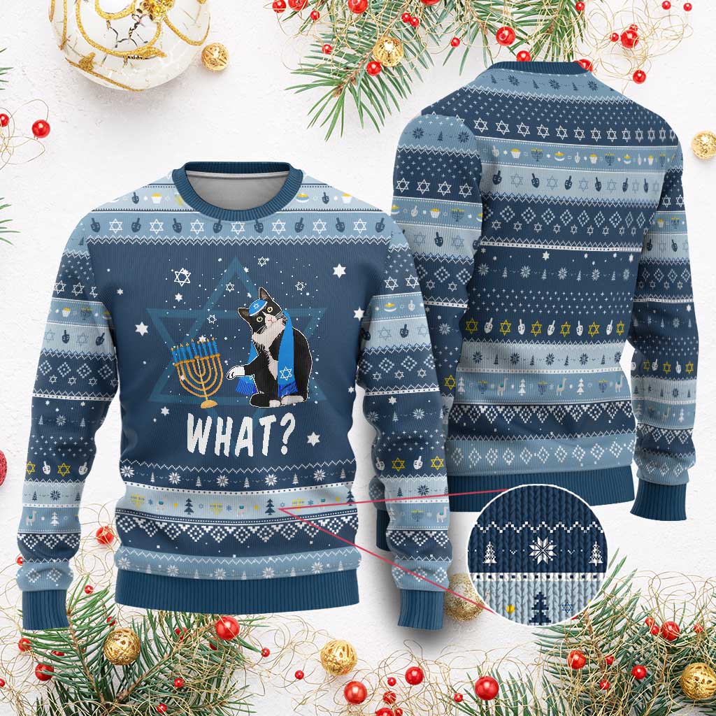 Funny Cat Hanukkah Ugly Sweater What Hanukcat Chanukah Jewish Festival TS02 Navy Light Blue Print Your Wear