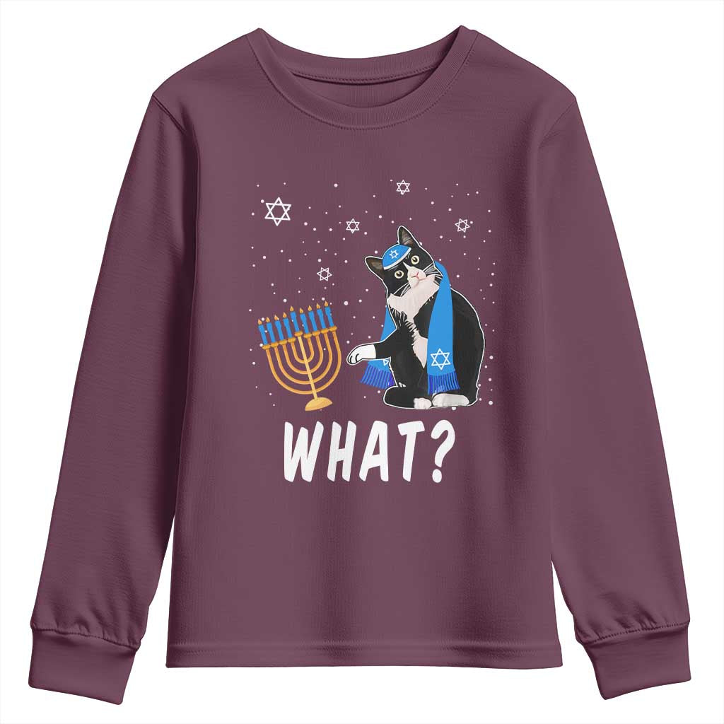Funny Hanukkah Cat Youth Sweatshirt What Hanukcat Chanukah Jewish Festival TS02 Maroon Print Your Wear