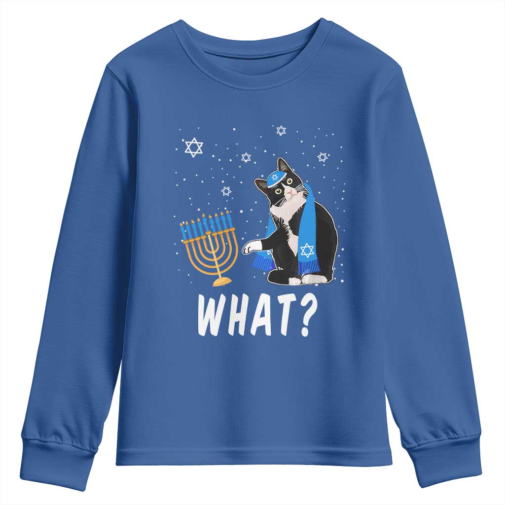 Funny Hanukkah Cat Youth Sweatshirt What Hanukcat Chanukah Jewish Festival TS02 Royal Blue Print Your Wear