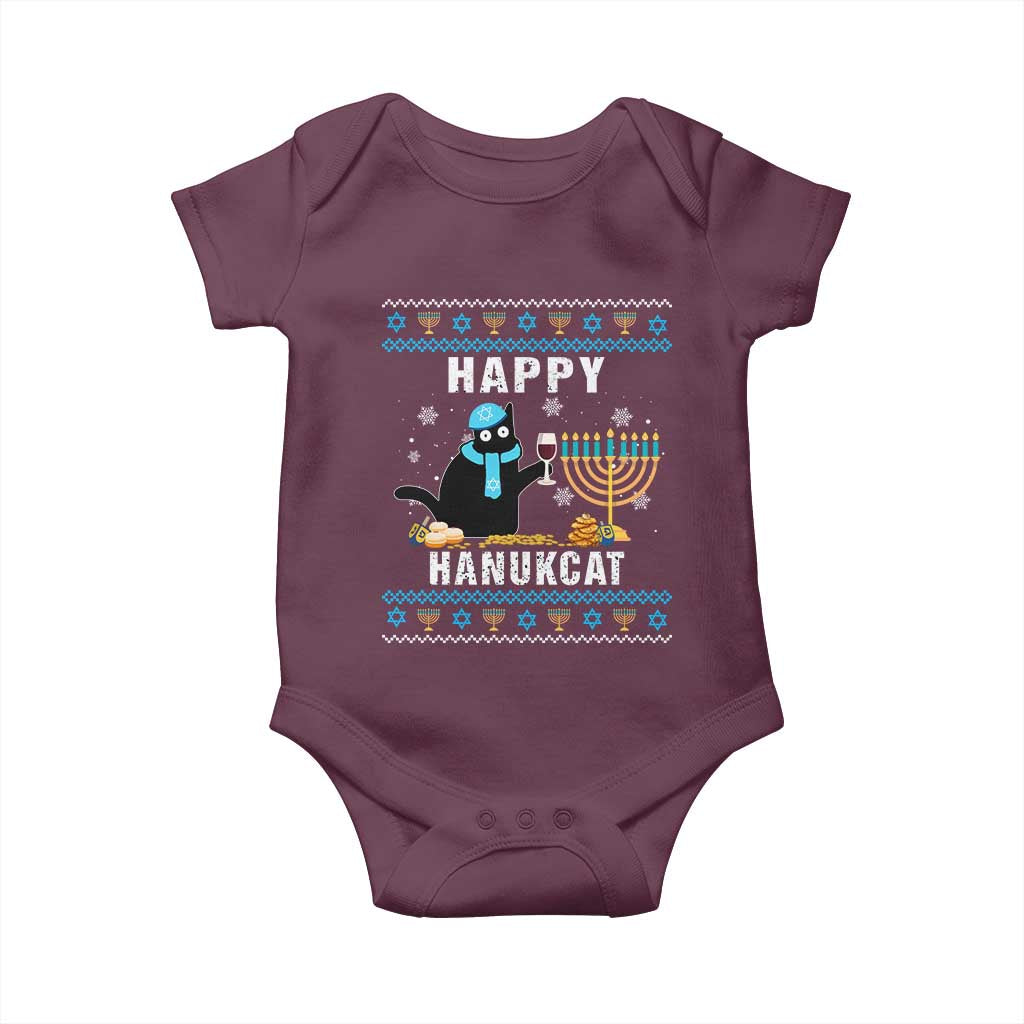 Funny Hanukkah Cat Baby Onesie Happy Hanukcat Drinking Black Cat Jewish Menorah Chanukah TS02 Maroon Print Your Wear