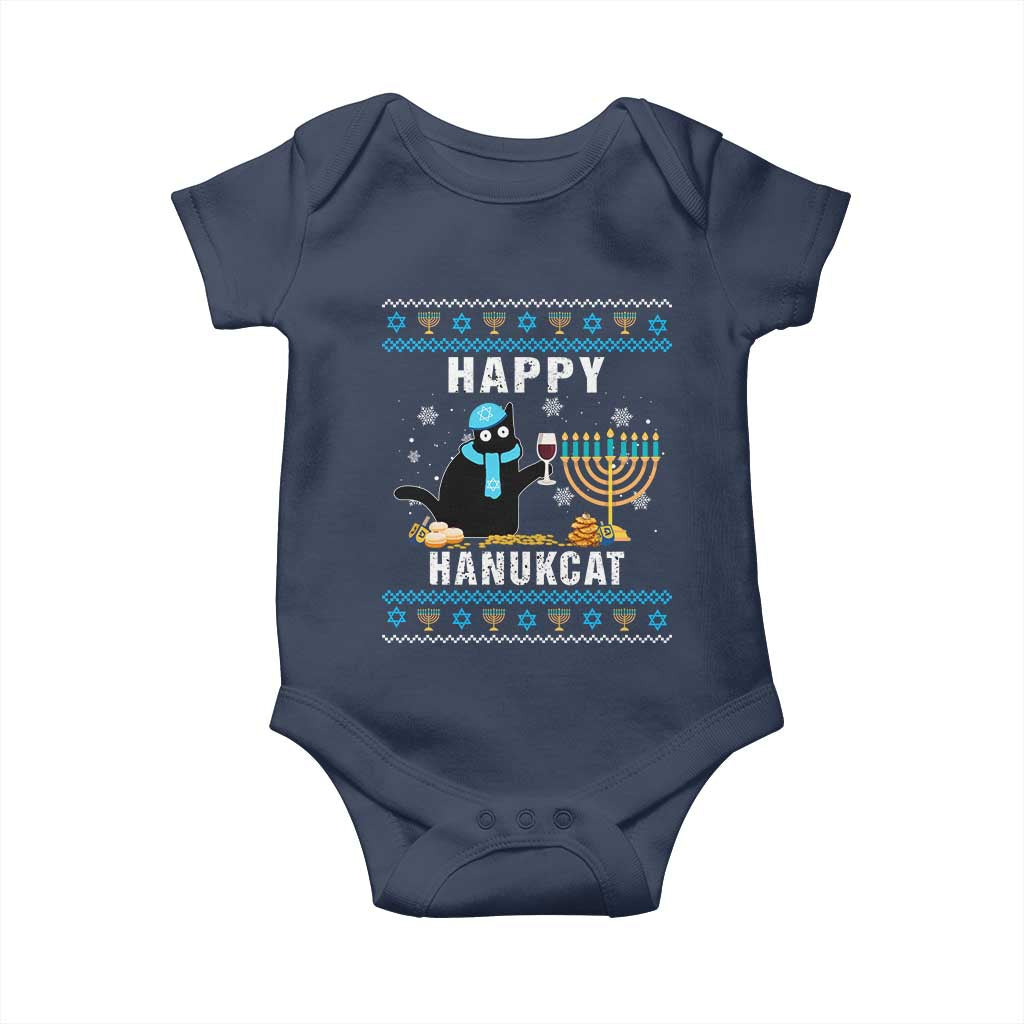 Funny Hanukkah Cat Baby Onesie Happy Hanukcat Drinking Black Cat Jewish Menorah Chanukah TS02 Navy Print Your Wear