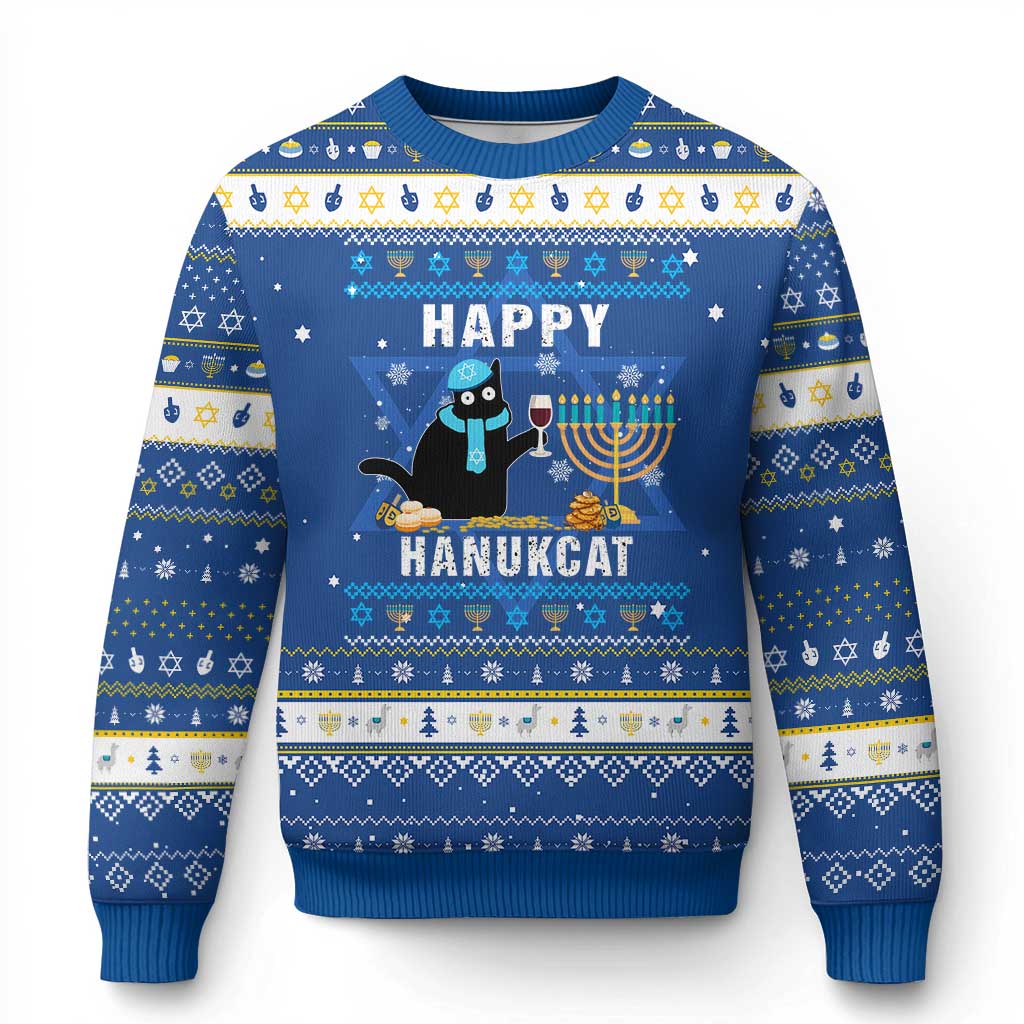 Funny Cat Hanukkah Ugly Sweater Happy Hanukcat Drinking Black Cat Jewish Menorah Chanukah TS02 Blue White Print Your Wear