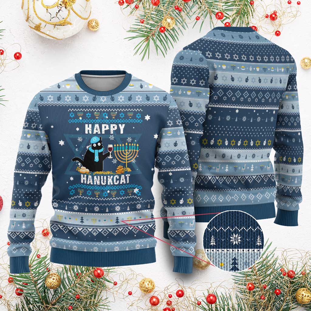 Funny Cat Hanukkah Ugly Sweater Happy Hanukcat Drinking Black Cat Jewish Menorah Chanukah TS02 Navy Light Blue Print Your Wear